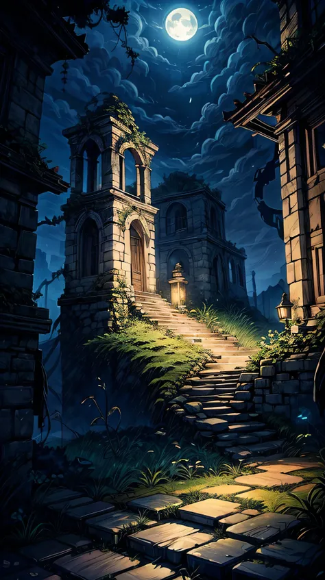 Ancient stone ruins softly illuminated by hanging lanterns. Vines and plants grow over the stones, glowing faintly under the moonlight.