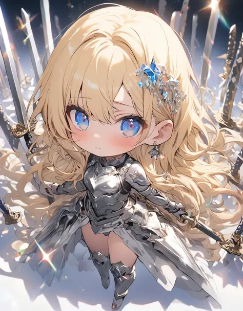 Prism lens, masterpiece, chibi anime, 10 years girl, blonde beautiful glitter hair, long hair, Break, Dressed in silver armor, ((Surrounded by many swords)), blue eyes, full body, sparkling beautiful　 background