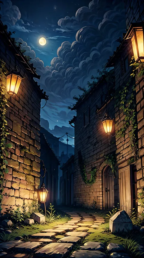  Ancient stone ruins softly illuminated by hanging lanterns. Vines and plants grow over the stones, glowing faintly under the moonlight.