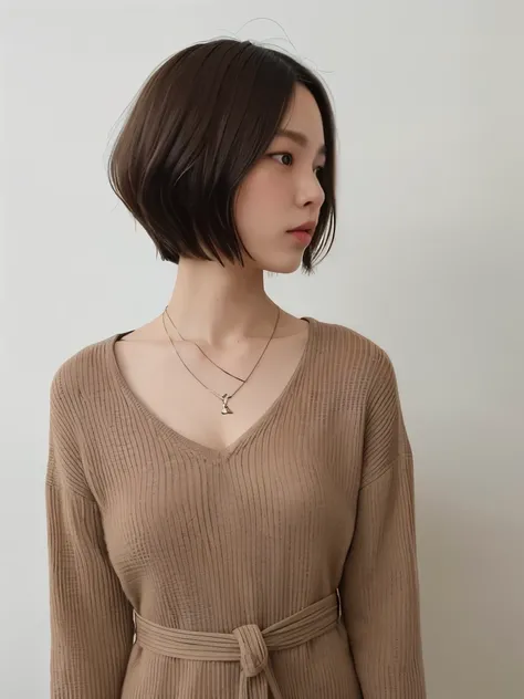 ((highest quality, 8K, masterpiece :1.3)), 1 girl, (bob hair、short hair,Taken in front of a white wall :1.2)、（gentle smile),Shot in natural light、pastel cardigan :1.1, Angle from above、super detailed face, fine eyes,(Highly realistic photos, High resolutio...