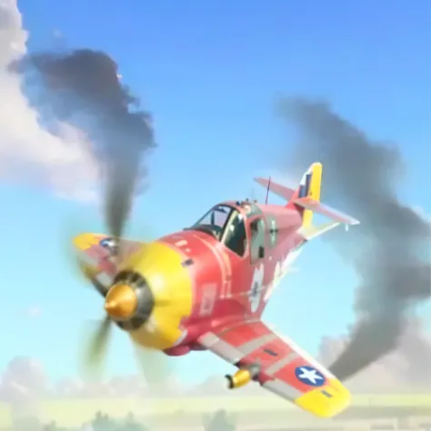 There is a cartoon airplane flying in the sky，Smoke coming out of airplane, Strafighting attack aircraft, fighter, bomber airplane, airairplane bombing the beach, Second World War, Second World War, Samurai Ryusam, tornado, Background Air Combat, airplane,...