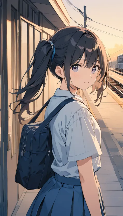 pale colour、line art,high resolution、in great detail、side ponytail,black hair,student uniform,sunset bank,scenery on the way hom...