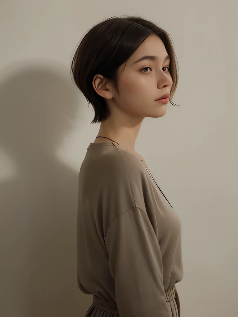 ((highest quality, 8K, masterpiece :1.3)), 1 girl, (bob hair、short hair,Taken in front of a white wall :1.2)、（gentle smile),Shot in natural light、pastel cardigan :1.1, Angle from above、super detailed face, fine eyes,(Highly realistic photos, High resolutio...