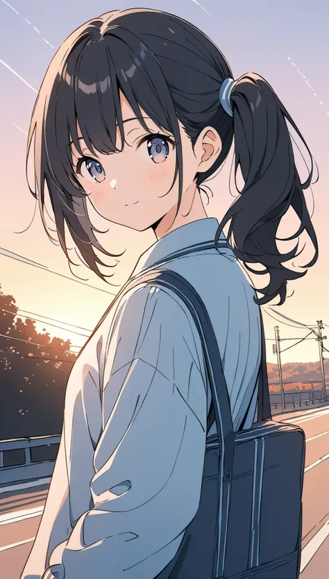 anime,light line drawing、pale colors、line art,high resolution、in great detail、side ponytail,black hair,student uniform,sunset ba...