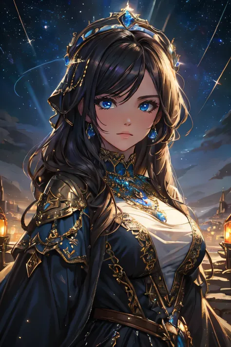 (best quality, 4k, highres, masterpiece:1.2), ultra-detailed, realistic:1.37, HDR, vivid colors, detailed eyes, long eyelashes, woman with a detailed face, big breasts, long detailed dress, full body, shining, an old town background, crowned, dark colors, ...