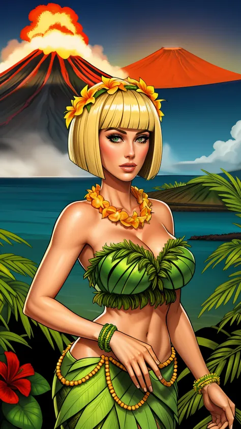 Carolyn Dunn, blonde girl wearing a grass skirt and lei lei, Hawaii, volcano, bobcut