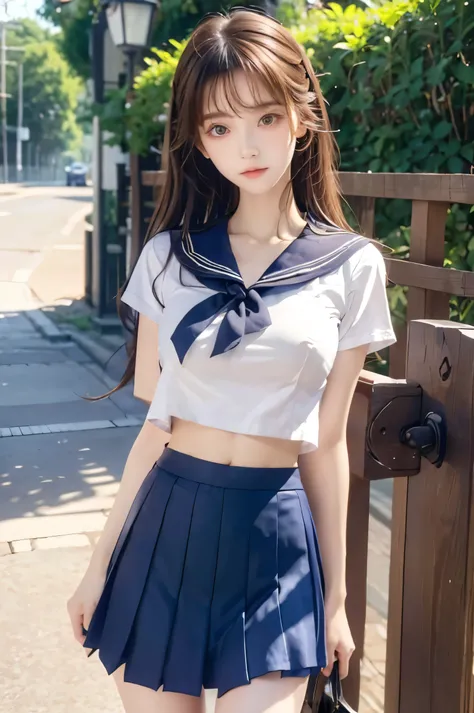 (Ultra HD), (Looking at me), (Short-sleeved sailor uniform, Navy blue mini skirt), Big Breasts, Super beautiful breasts, Slender, (Thin legs:1.2), (Thin thighs:1.2), (Thin Hips:1.4), (Beautiful Skin, Shiny skin, White skin), (Super slim face, Super beautif...
