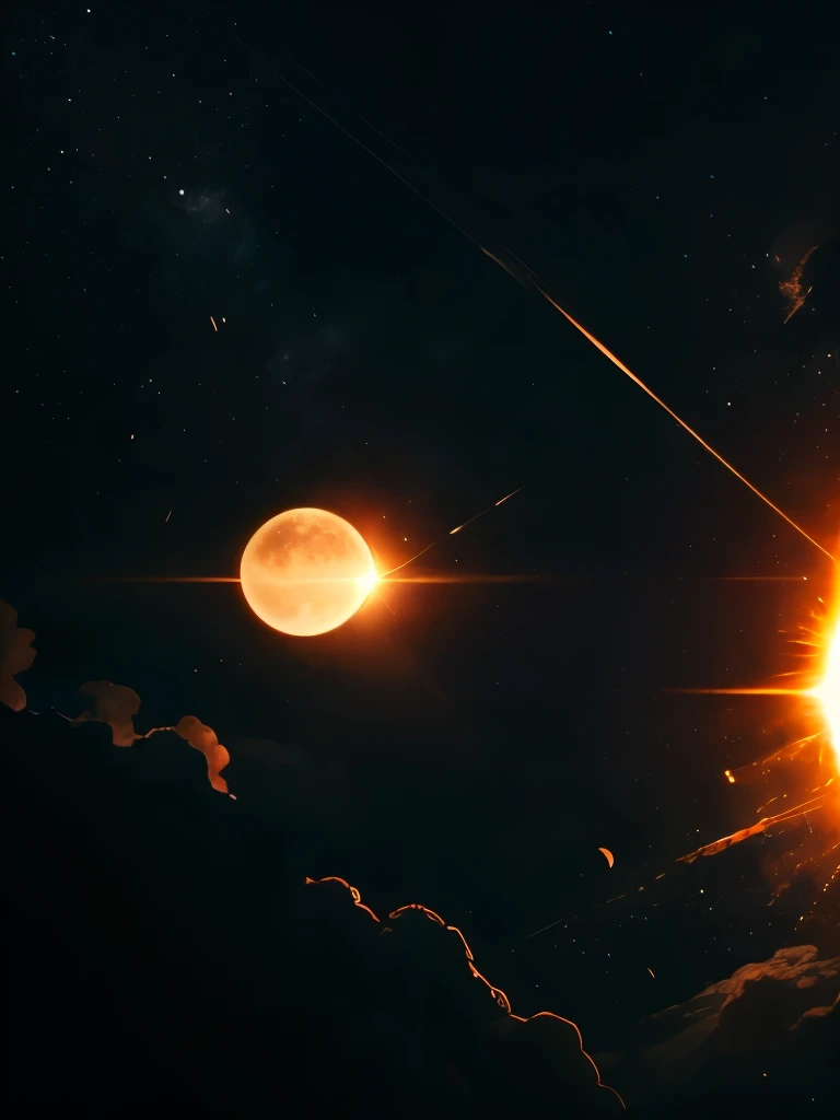 silhouette of an exploding moon in front of the sun, high quality, hdr, hyper realistic, intricate detail, cinematic composition, 8k