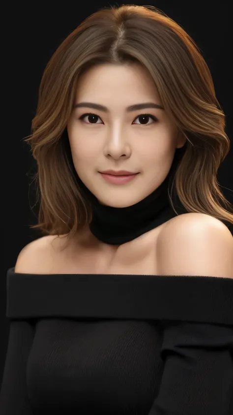 Ultra-high resolution, masterpiece, highest quality, perfect glowing skin, Perfect lighting, Detailed lighting, Muscular Japanese middle-aged woman、, Beige lightweight knit, Looking at the camera, Off the shoulder, Brown wavy hair with highlights、Big Breas...