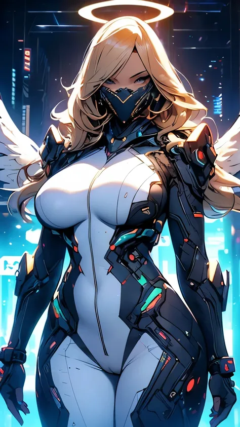 (High quality, Ultra detailed, best quality, insanely detailed, beautiful, masterpiece)、(Blonde long hair angel)、(Detailed face、Detailed eyes)、(Huge breasts:1.5)、(メタリックのタイトな白いCyberpunk Suit、Archangel)、(Wide Hips、Thick thighs、curve、(Camel toe:1.5)、(NSFW))、(...