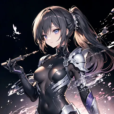 high quality, masterpieceDelicate Hair, Delicate eyesデリケートな目, ((masterpiece最high quality)), high quality, masterpiece,Delicate Hair, Delicate eyes,One Woman,Bright smile,,beautiful girl, Slender, Black hair ponytail, Battle Suit, Black bodysuit, Purple Arm...