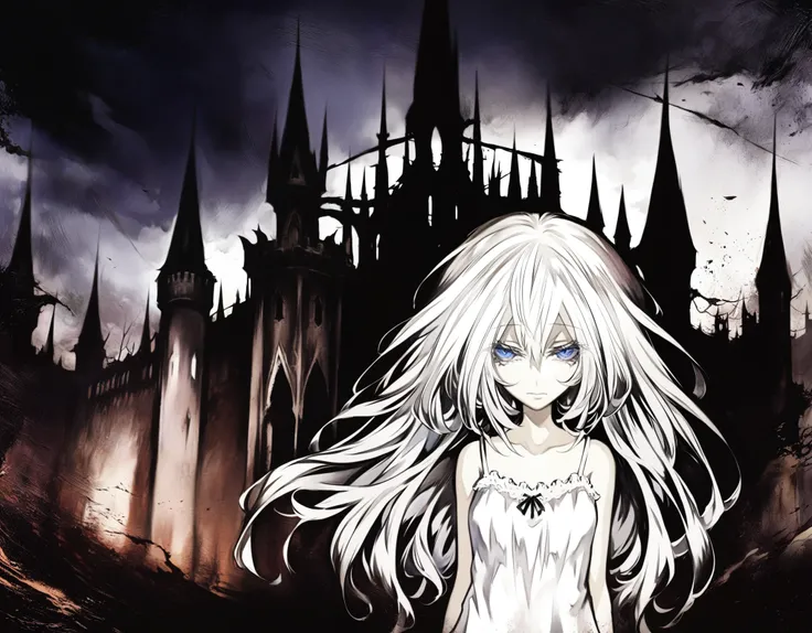 1girl, solo, front_view, Diabolical, Ruined palace in the distance, Gloomy painting style, behind her a gothic castle,
Anime Girls, (white long camisole), pale skin, albino, white long hair, half closed eyes, blue eyes,
Score_9,Score_8,score_7_up,source_an...