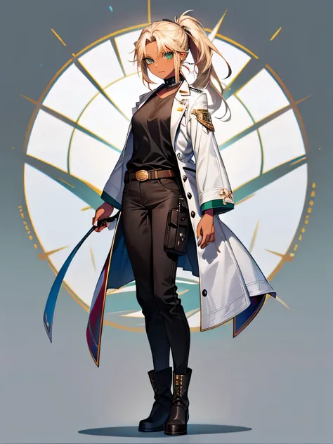 Tan skin, dark skin, hispanic skin tone, black boots, ((Green eyes)), blue jeans, white coat, no patches on sleeves, bare sleeves, black shirt,  blonde hair, long ponytail