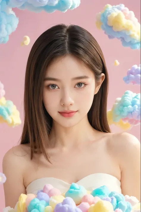 (((best quality))),(((ultra detailed))),(((masterpiece))),illustration,1girl, beautiful, ethereal, dreamy eyes,bare shoulder, delicate features,simple shoulder-length straight hair,strapless white singlet,surrounded by colorful cotton candy clouds, serene ...