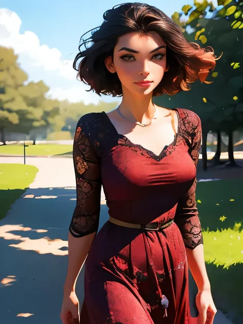 best quality, masterpiece, realistic photo, intricate details, raw photo, ultra detailed, old fashioned young woman, with peasant style dress, no necklines, brunette hair, perfect detailed and brown eyes, walking in an old park, HD quality, 8K, young woman...