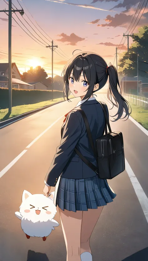 anime,4K Anime,(masterpiece:1.2),(Very absurd:1.2),Soft light effect,A fluffy drawing,side ponytail,Black Hair,Student Uniform,Sunset Road,Scenery on the way home from school,Girl looking back,(Surprised face),comicface