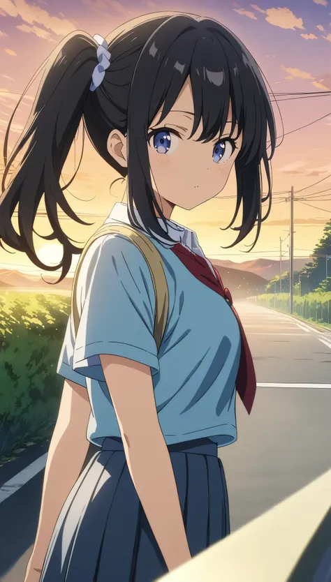 anime,4kanime,(masterpiece:1.2),(it&#39;s so absurd.:1.2),side ponytail,black hair,student uniform,sunset road,scenery on the wa...