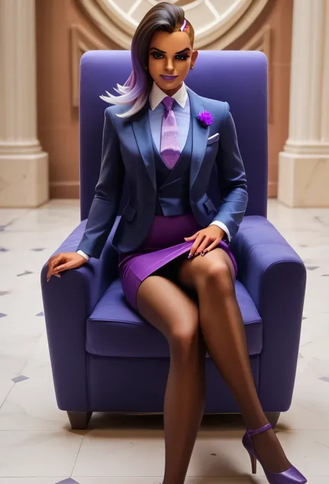 score_9, score_8_up, score_7_up, score_6_up, score_5_up, score_4_up, 3d,
owsombra, smirk, three-piece suit, ((waistcoat)), purple skirt suit, dress shirt, purple necktie, blazer, suit jacket, bodycon pencil skirt, (lilac shirt with white collar), white shi...