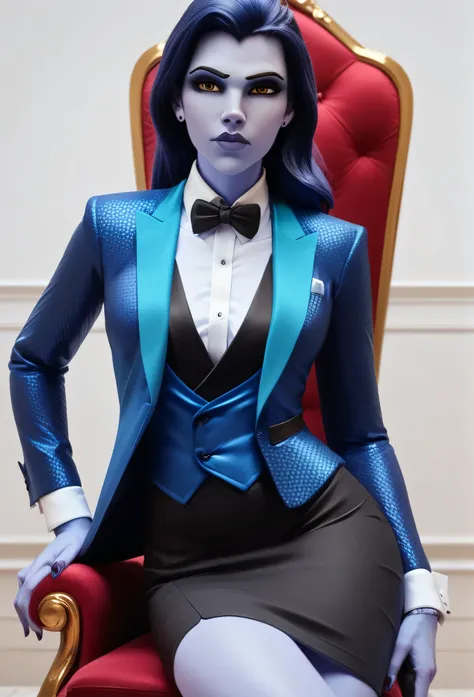 score_9, score_8_up, score_7_up, score_6_up, score_5_up, score_4_up, 3d,
owwidowmaker, blue skin, sneer, three-piece suit, ((waistcoat)), black skirt suit, dress shirt, black bowtie, blazer, suit jacket, bodycon pencil skirt, (shirt with white collar), whi...