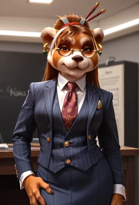 score_9, score_8_up, score_7_up, score_6_up, score_5_up, score_4_up, 1girl, breasts, furry, animal ears, brown hair, brown eyes, earrings, jewelry, hair ornament, glasses, hair stick, three-piece suit, ((waistcoat)), skirt, 1girl, formal, jewelry, suit, r...