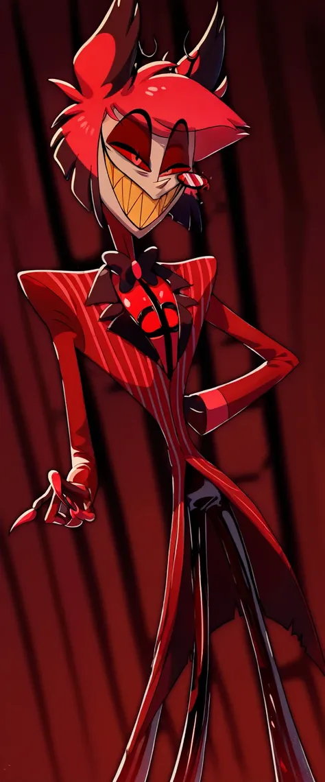 alastor (hazbin hotel), radio demon, sharp toothed grin, ((((dark red formal (((shiny latex suit))) with pinstripes)))), monocle...