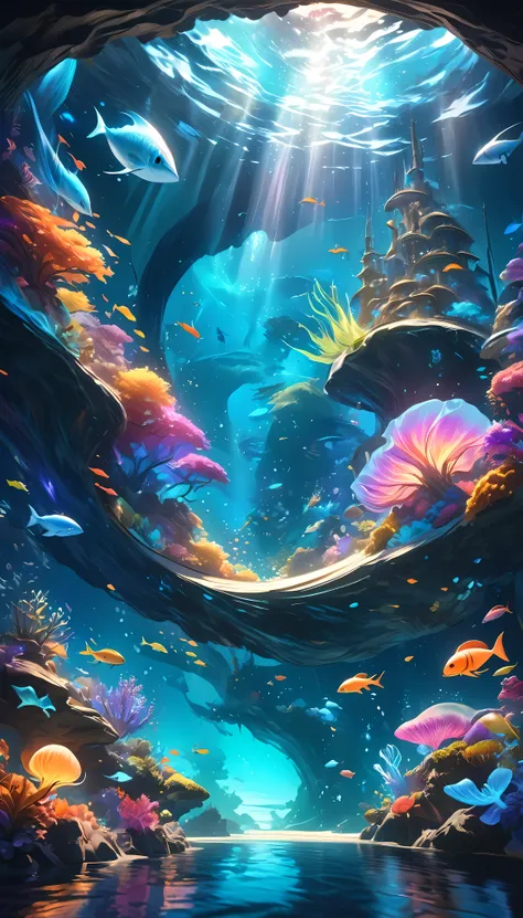 a surreal, ethereal underwater fantasy world, breathtaking vibrant colors, glowing bioluminescent creatures, serene tranquil oce...