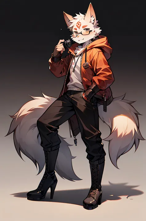 whole body,Beastman,Draw eyes correctly,Wolf,Alone,Have a tail,Glasses,Shota,headphone,Long Parka,Long trousers,Thin legs,Lace-up long boots,Stiletto heels,Heel Shadow,Lift one leg back