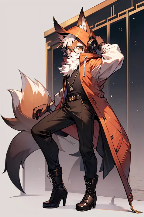 whole body,Beastman,Draw eyes correctly,Wolf,Alone,Have a tail,Glasses,Shota,headphone,Long Parka,Long trousers,Thin legs,Lace-up long boots,Stiletto heels,Heel Shadow,Lift one leg back