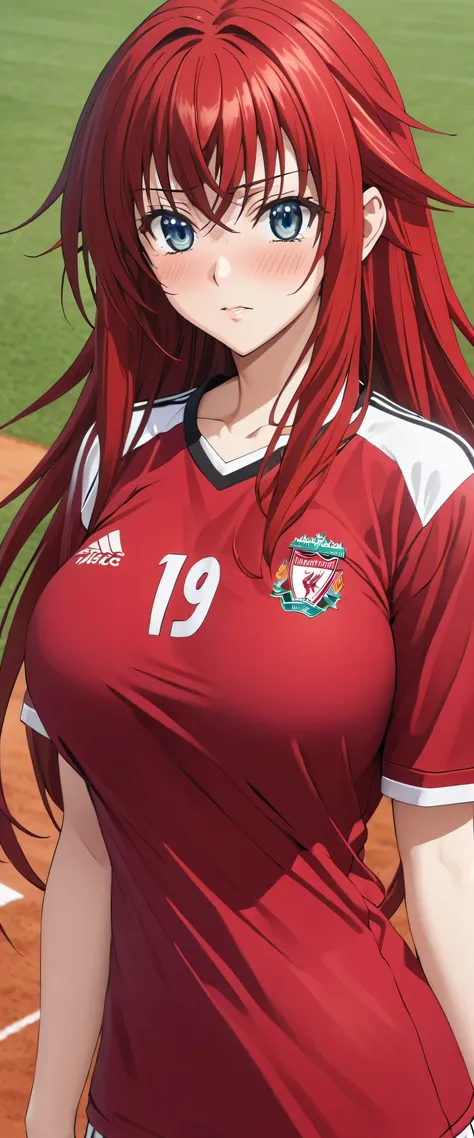 Masterpiece, Best quality, Very detailed, Maximum resolution, Realistic textures, Anime style, Thick line, background, Ball Field, From the High School DxD series, Rias Gremony, Long red hair, Blushing, Blue eyes, Dark colored eyes with different colors, L...