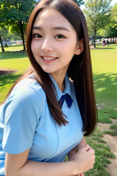 ((Best Quality)), ((masterpiece)), (detailed), One girl, cute、round face、Droopy eyes、Mole on the right eye、Shiny skin、Smiling、Slightly longer hair、uniform、Upper Body、Daytime Park。