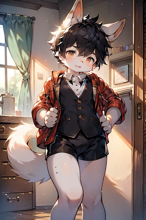 Dwarf rabbit boy，furry boy，Characteristics of young children，Black hair，White skin，Vest，shorts，In the room