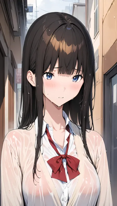 ((masterpiece,Best Quality:1.3,best quality illustrations)), anime,portrait,1woman,young adult,straight long hair,black hair,wet hair,small head,long bangs between eyes, blue eyes,blush,(gorgeous eyes),long body,medium breasts,School uniform,(Rain-soaked c...