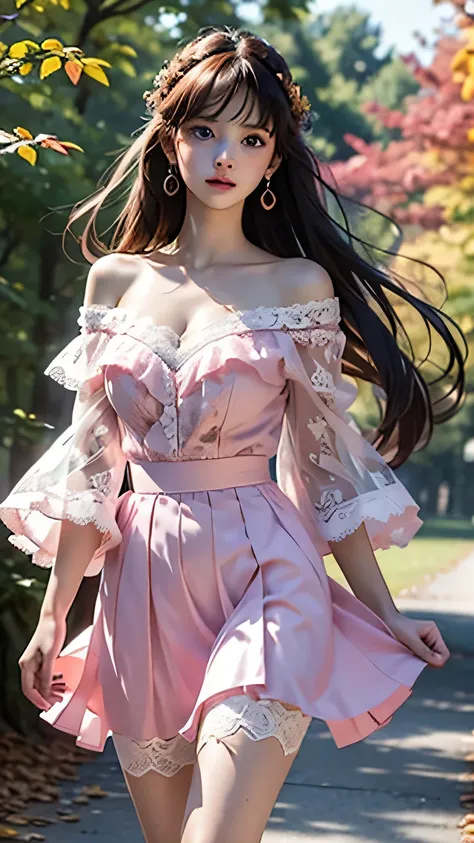 (A girl walking along the autumn leaves of a forest park)、Best Quality、masterpiece、Ultra-high resolution、Real、Portrait、Elegant mature woman、blue eyes、Long Hair、Side bangs、(Sheer pink dress、mini skirt)、4K resolution、High image quality。 High quality CG、Femin...