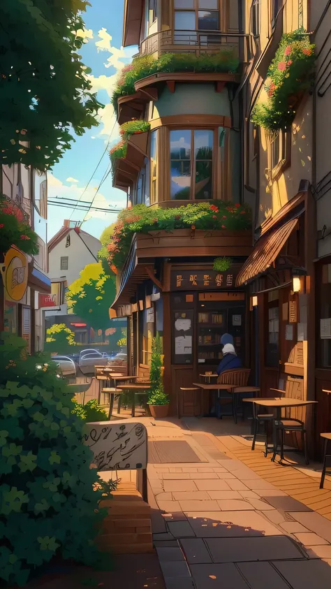 anime - style illustration of a cafe in a small town, cozy cafe background, anime background art, detailed scenery —width 672, anime scenery concept art, anime background, beautiful anime scenery, anime scenery, anime art wallpaper 8 k, beautiful anime sce...