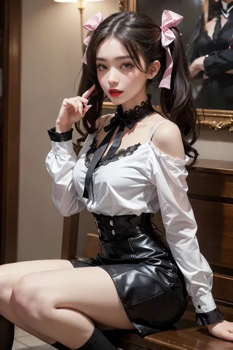 masterpiece, best quality, ultra-detailed,hyperrealistic,shiny skin,1girl,forehead,(plain forehead)+,black hair,long hair,twintail,red lips,black eyes,,akb48, solo, wearing a kawaii fashion outfit, outfit features a pink blouse with black lace trim and a l...