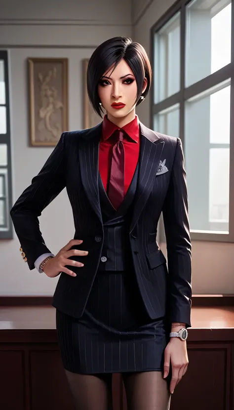 score_9, score_8_up, score_7_up, score_6_up, source_anime, three-piece suit, 1girl, solo, asian woman, ada wong, black hair, short hair, formal, jewelry, black pinstripe suit, (((red silk necktie))), earrings, jacket, shirt, standing, hand on hip, window, ...