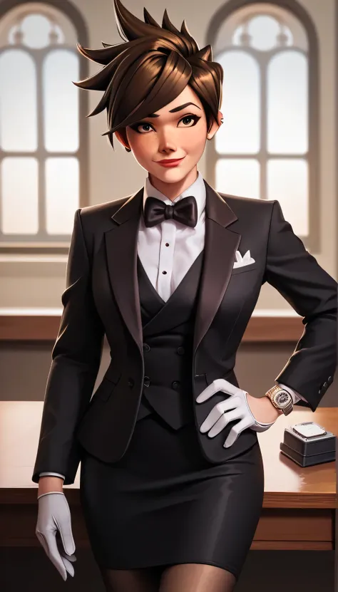 score_9, score_8_up, score_7_up, score_6_up, source_anime,  three-piece suit, tracer, 1girl, solo, brown hair, short hair, freckles, smile, pretty, formal, jewelry, black suit, tuxedo, black silk bowtie, earrings, jacket, shirt, standing, hand on hip, wind...