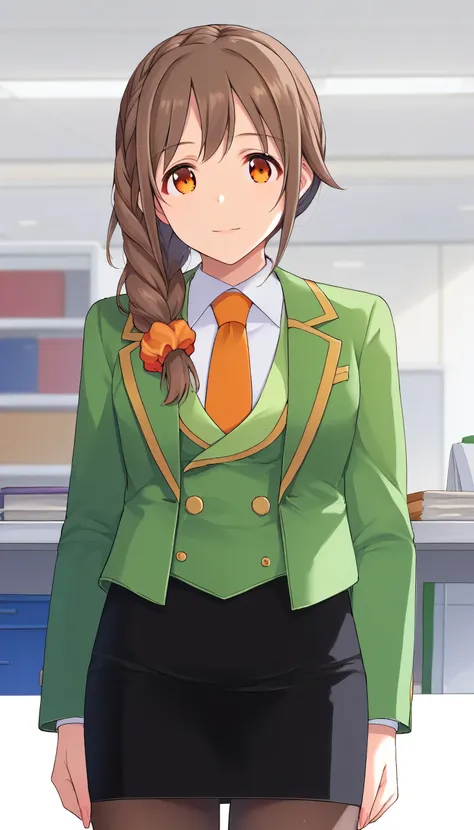 score_9, score_8_up, score_7_up, source_anime, best quality, masterpiece, office,
human, solo, sosenkawa chihiro, cosChihhi, brown hair, orange eyes, side braid, red scrunchie, green jacket, black pantyhose,  black pencil skirt, yellow necktie, three-piece...