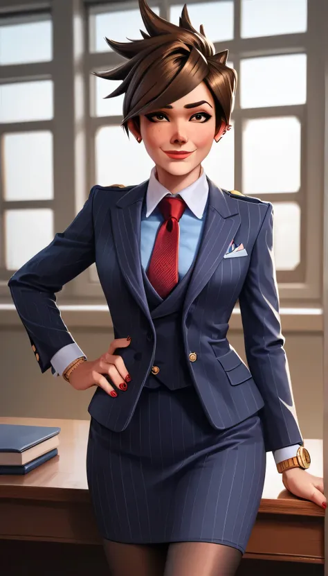 score_9, score_8_up, score_7_up, score_6_up, source_anime,  three-piece suit, tracer, 1girl, solo, brown hair, short hair, freckles, smile, pretty, formal, jewelry, navy pinstripe suit, red silk necktie, earrings, jacket, shirt, standing, hand on hip, wind...