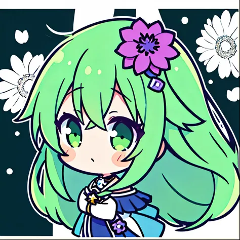 Girl deformed, Asters flower, Anime style character, Green hair, Wizard, High quality anime art style, Chronoark leaves, Long hair girl with flowers, White background, Anime Moe art style