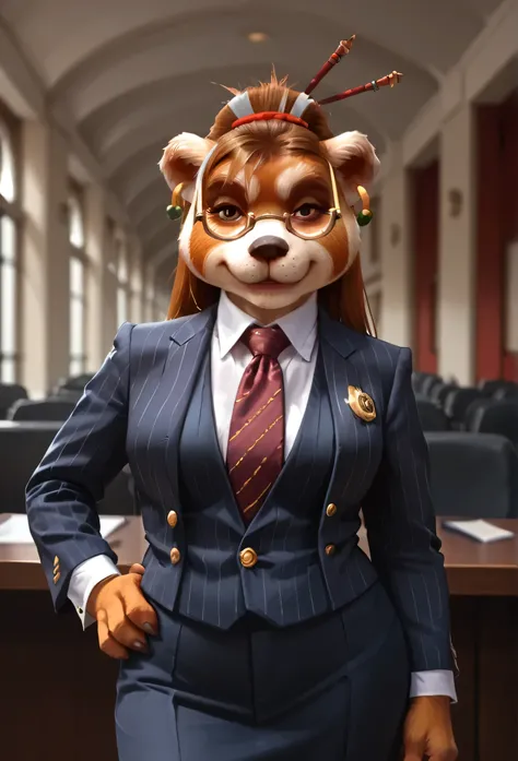 score_9, score_8_up, score_7_up, score_6_up, score_5_up, score_4_up, 1girl, breasts, furry, animal ears, brown hair, brown eyes, earrings, jewelry, hair ornament, glasses, hair stick, three-piece suit, 1girl, formal, jewelry, suit, red striped necktie, wai...
