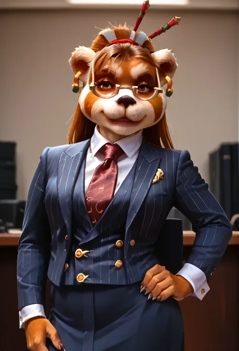 score_9, score_8_up, score_7_up, score_6_up, score_5_up, score_4_up, 1girl, breasts, furry, animal ears, brown hair, brown eyes, earrings, jewelry, hair ornament, glasses, hair stick, three-piece suit, 1girl, formal, jewelry, suit, red striped necktie, ski...