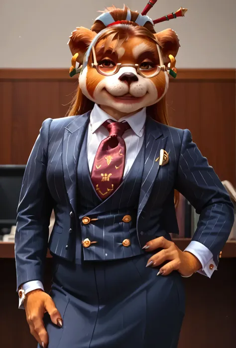 score_9, score_8_up, score_7_up, score_6_up, score_5_up, score_4_up, 1girl, breasts, furry, animal ears, brown hair, brown eyes, earrings, jewelry, hair ornament, glasses, hair stick, three-piece suit, 1girl, formal, jewelry, suit, red striped necktie, ski...