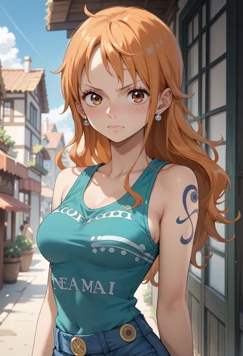 1 girl, 20-year-old,  blush, medium breasts, sleeveless, nami from one piece