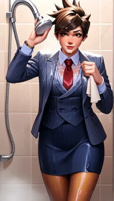 score_9, score_8_up, score_7_up, score_6_up, source_anime,  three-piece suit, tracer, 1girl, solo, brown hair, short hair, freckles, smile, pretty, formal, jewelry, navy pinstripe suit, red silk necktie, earrings, jacket, shirt, standing, shower, running w...