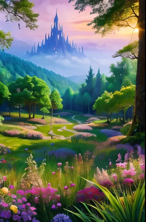 a painting of a forest with trees and flowers in the foreground, magical forest in the background, magical forest backround, enchanted and magic forest, enchanted magical fantasy forest, magical fantasy forest, fairytale forest, magic fairy forest, fantasy...