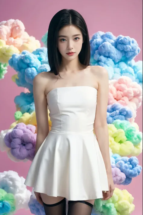 
(((best quality))),(((ultra detailed))),(((masterpiece))),illustration,1girl, beautiful, ethereal, dreamy eyes,bare shoulder, delicate features,simple shoulder-length straight hair, strapless white dress，stockings,arms behind back,surrounded by colorful c...