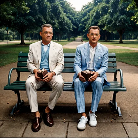 Forest Gump aka Tom Hanks sits on a park bench with a box of chocolates, white suit, light blue checked shirt, 90s