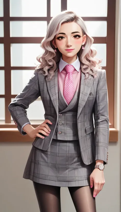 score_9, score_8_up, score_7_up, score_6_up, source_anime,  three-piece suit, 1girl, solo, silver hair, wavy hair, bobcut hair, cute smile, pretty, formal, jewelry, grey plaid suit, pink silk necktie, earrings, jacket, shirt, standing, hand on hip, window,...