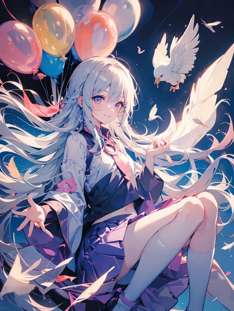 girl，light purple long hair(a little gray)，很多的balloon，Tons of balloons，color々balloon，Jumping look，colorful，Smile，birds are flying，Feather dance，magic】，shine，pleated skirt， [flowing hair，Bright eyes]